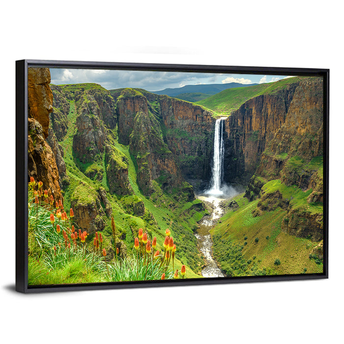 Maletsunyane Falls with Torch Lilies Wall Art as a framed canvas