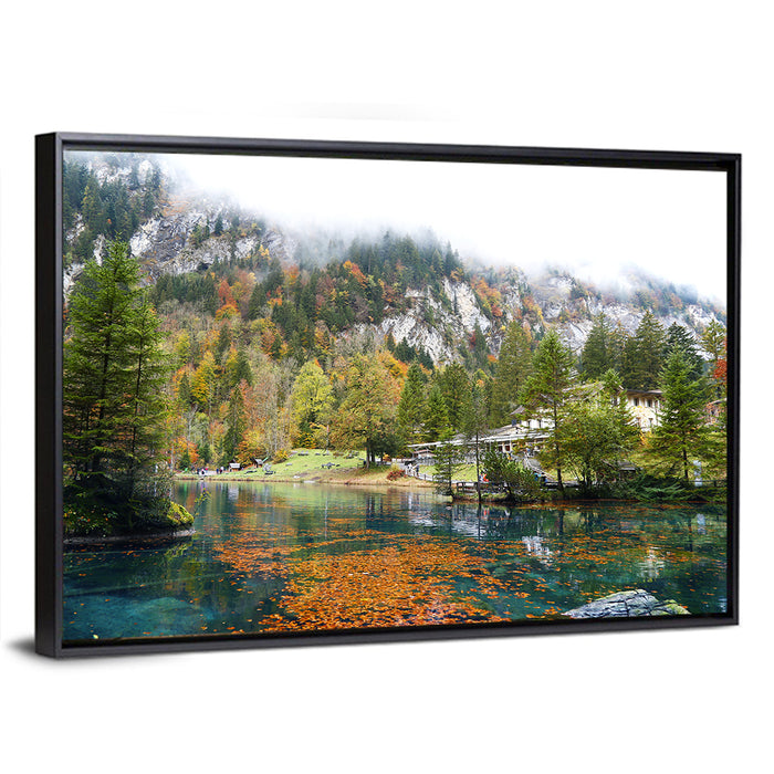 Blausee Autumn Lake Wall Art as a framed canvas
