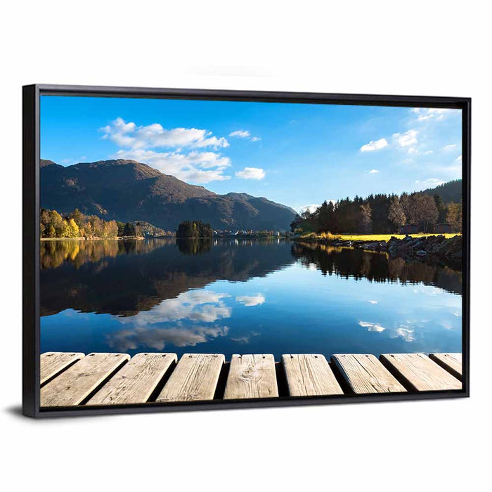 Mountain Lake Boardwalk Reflection Wall Art as a framed canvas
