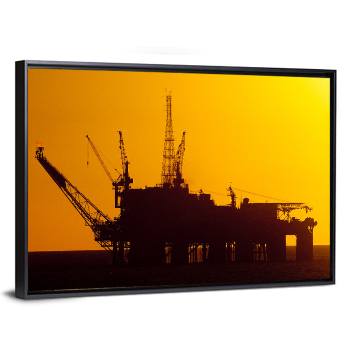 Oil Rig Silhouette at Sunset Wall Art as a framed canvas