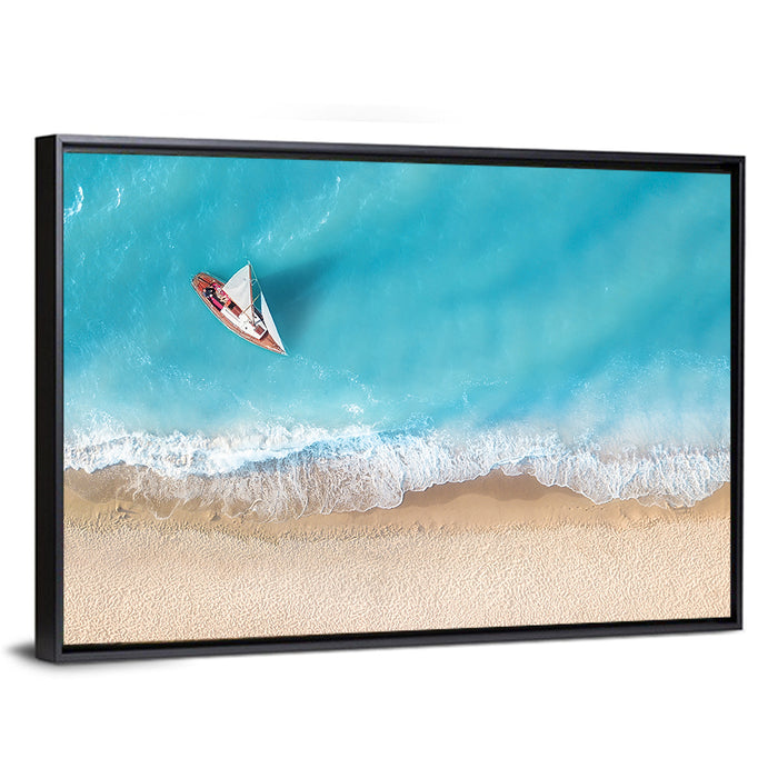 Centered Sailboat Over Turquoise Sea Wall Art as a framed canvas