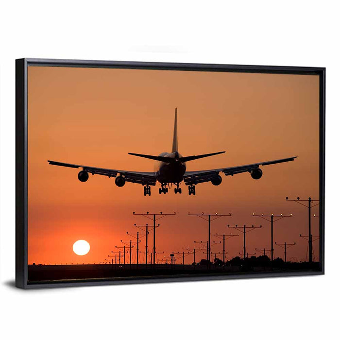 Airplane Landing at Sunset Wall Art as a framed canvas