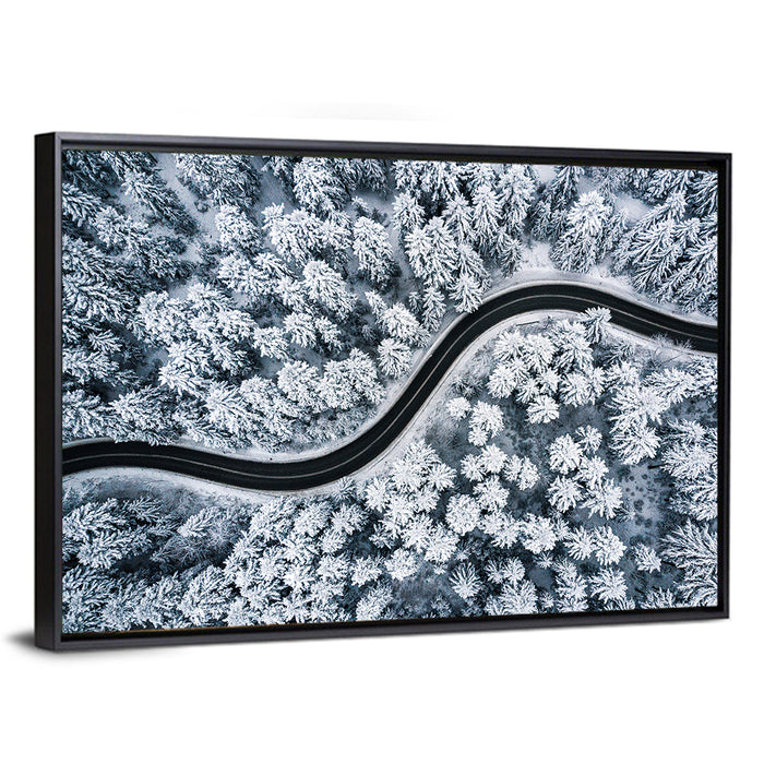 S-curve Winter Forest Road Wall Art as a framed canvas