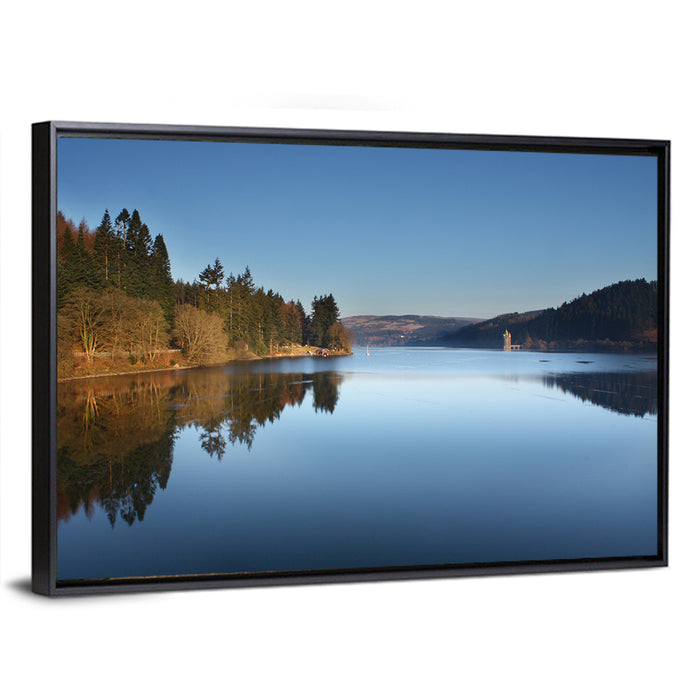 Lake Vyrnwy Golden Hour Reflection Wall Art as a framed canvas