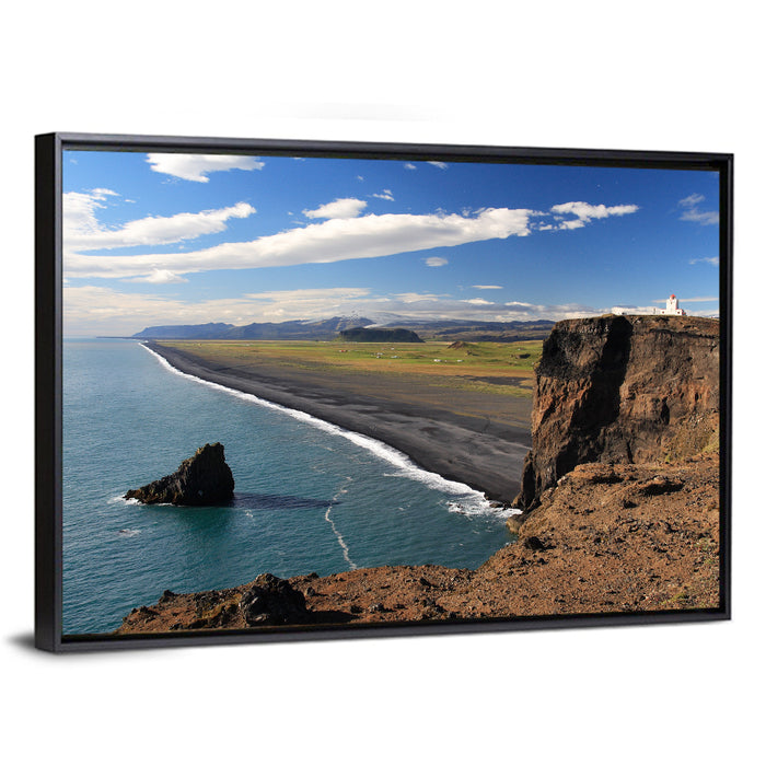 Dyrhólaey Black Sand Beach and Sea Stack Wall Art as a framed canvas
