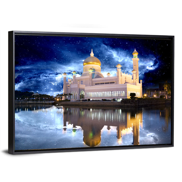 Omar Ali Saifuddien Mosque at Night Wall Art as a framed canvas