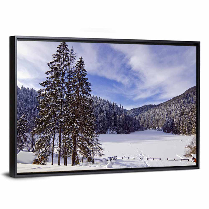 Red Lake Romania Winter View Wall Art as a framed canvas