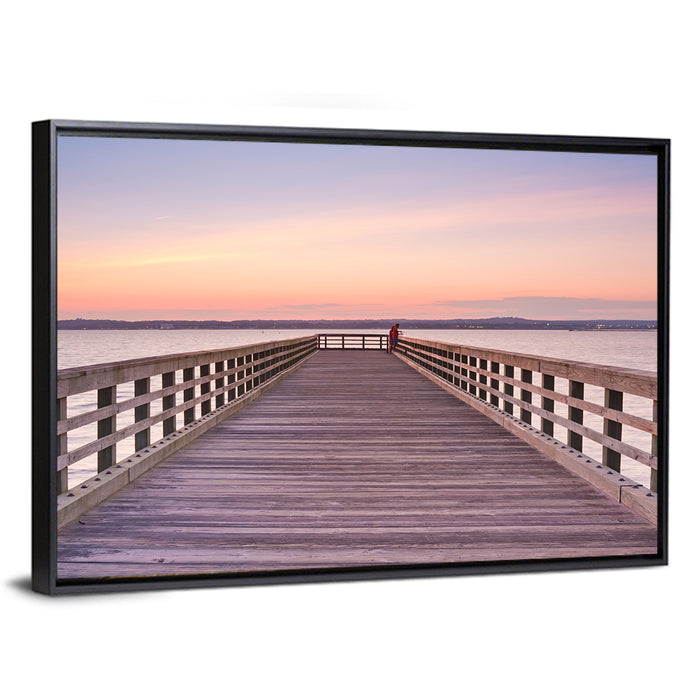 New Haven Wooden Pier Wall Art as a framed canvas