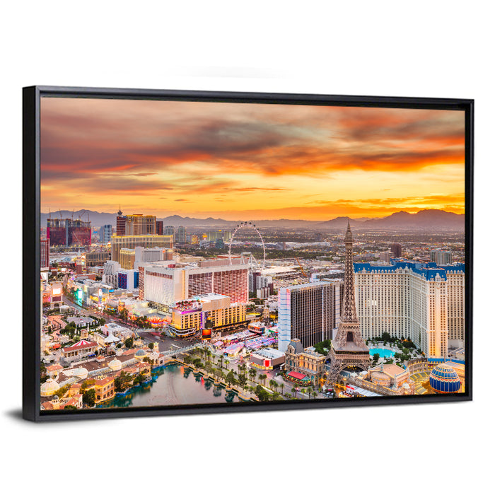 Las Vegas Strip Sunset Cityscape Wall Art as a framed canvas