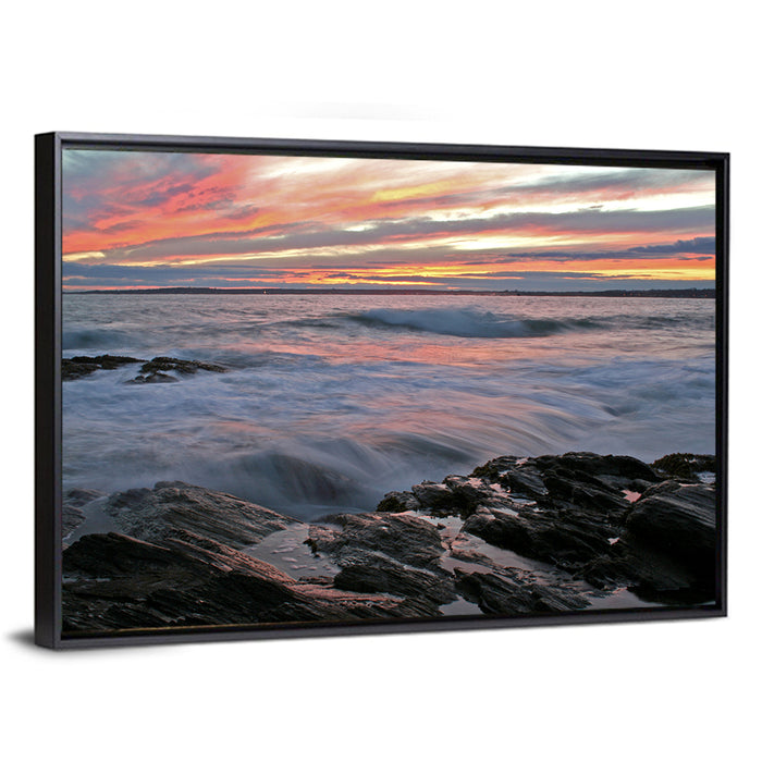Rocky Coast Sunset Wall Art as a framed canvas