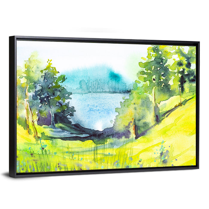 Summer Lakeside Forest Illustration Wall Art as a framed canvas