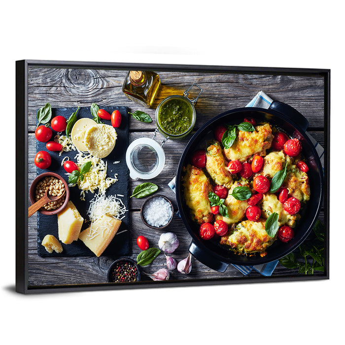 Pesto Baked Chicken Flat Lay Wall Art as a framed canvas