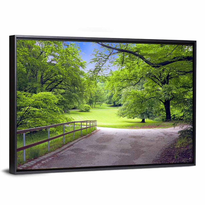 Sunlit Meadow Path Wall Art as a framed canvas