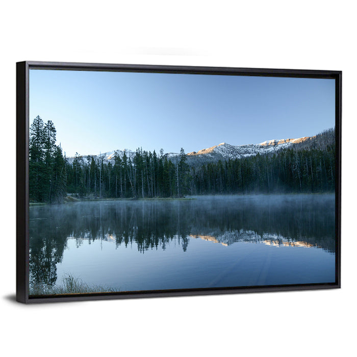 Sylvan Lake Morning Mist Wall Art as a framed canvas