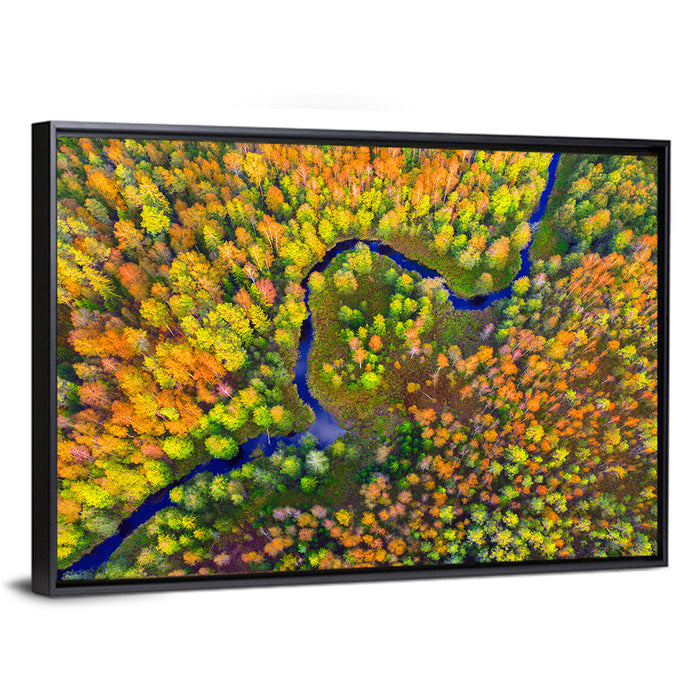 Winding Autumn River Wall Art as a framed canvas