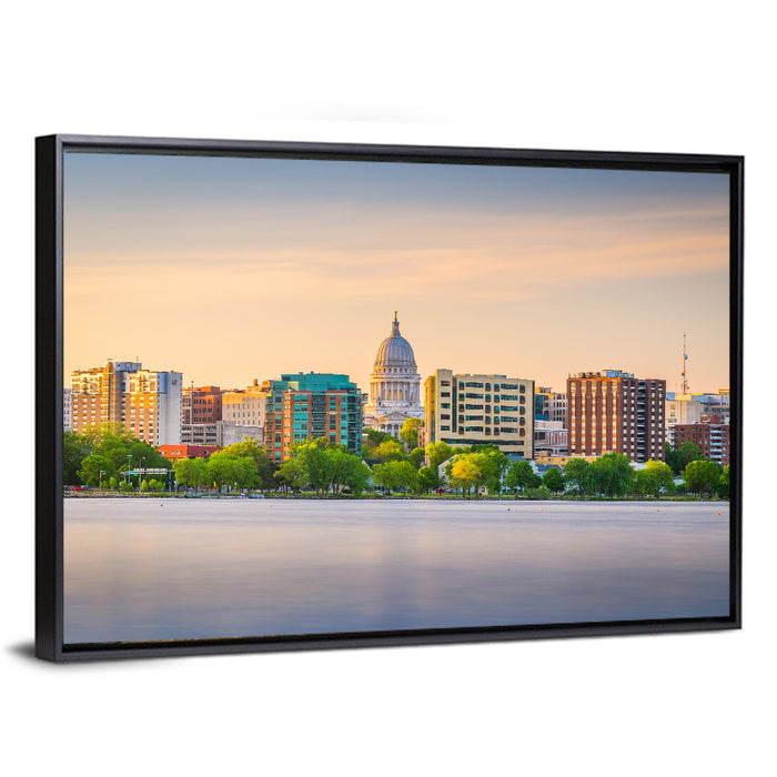 Madison Skyline at Lake Monona Wall Art as a framed canvas