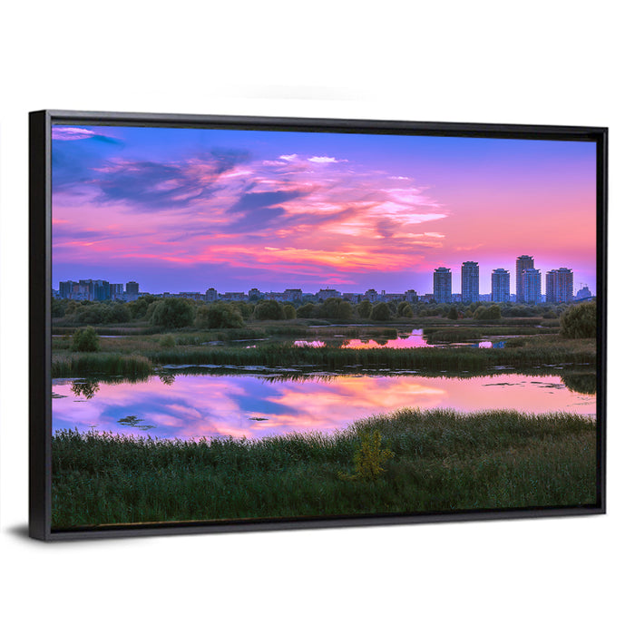 Vacaresti Park Sunset Reflection Wall Art as a framed canvas
