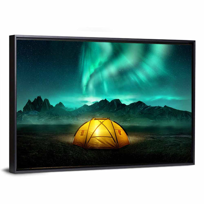 Tent Beneath Aurora Borealis Wall Art as a framed canvas
