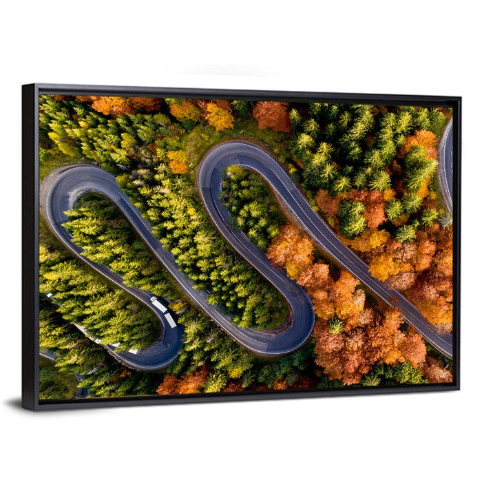 Autumn Aerial Mountain Road Wall Art as a framed canvas
