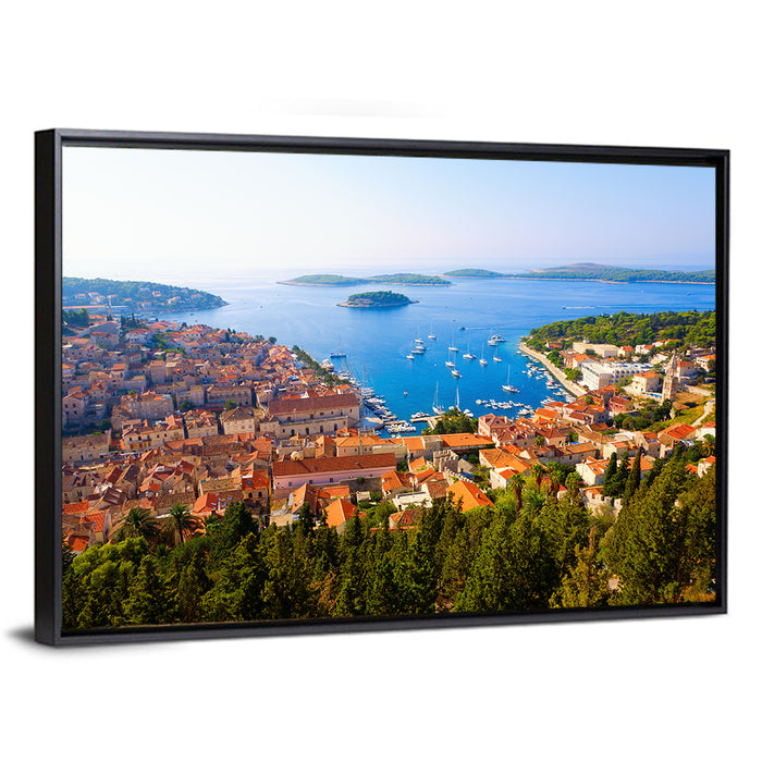 Hvar Harbor Aerial View Wall Art as a framed canvas