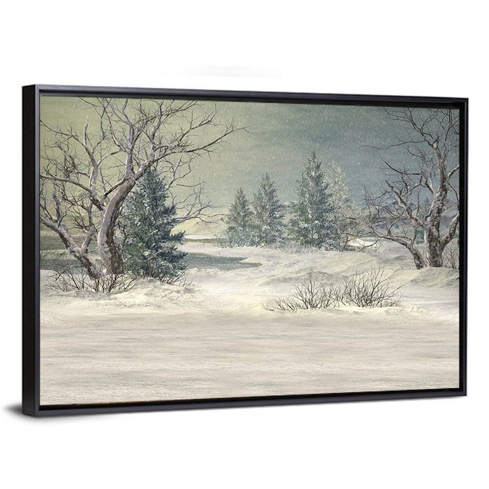 Snowy Forest with Frozen Pond Wall Art as a framed canvas