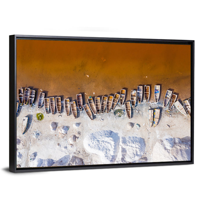 Lac Rose Boats Aerial View Wall Art as a framed canvas