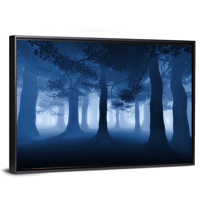 Midnight Blue Forest Wall Art as a framed canvas