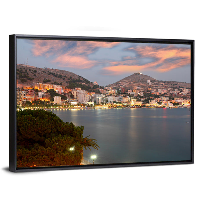 Sarandë Bay at Dusk Wall Art as a framed canvas