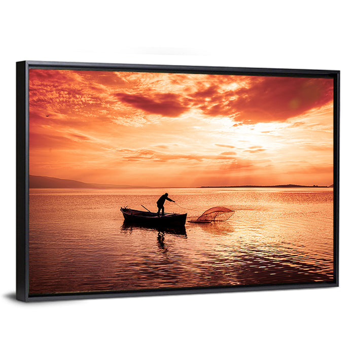 Uluabat Lake Fisherman at Dusk Wall Art as a framed canvas