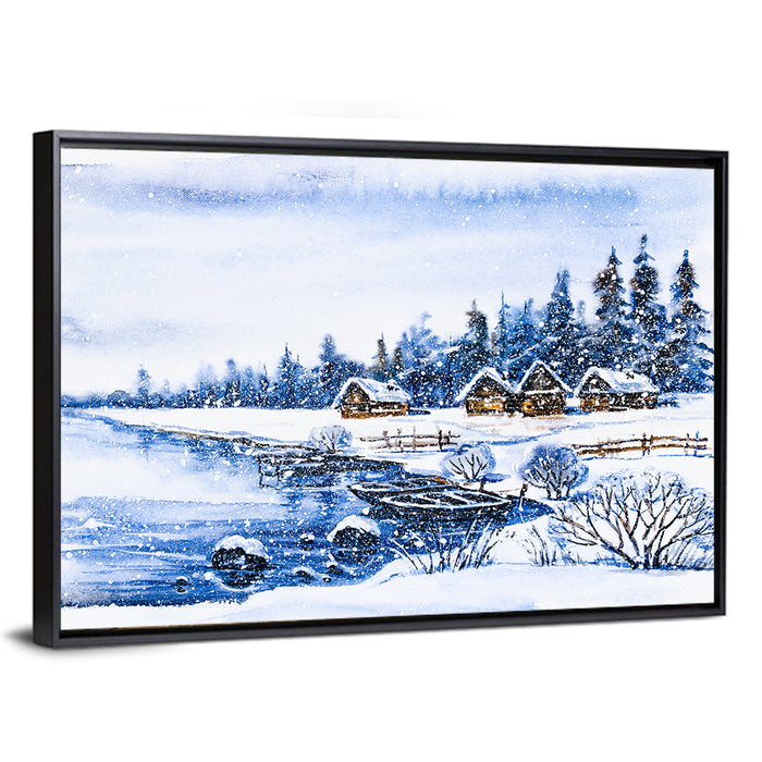 Snowy Village by Frozen Lake Wall Art as a framed canvas
