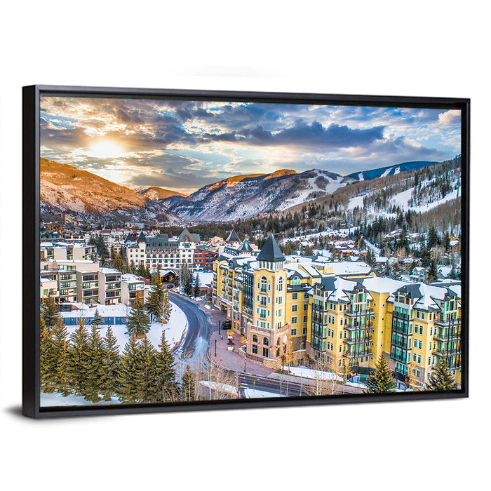 Vail Village Skyline Wall Art as a framed canvas