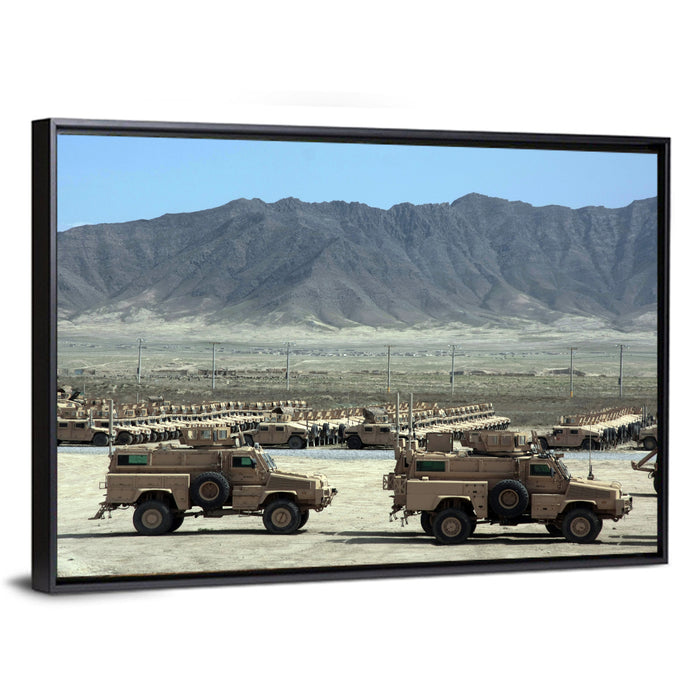 Mrap Vehicles in Desert Landscape Wall Art as a framed canvas