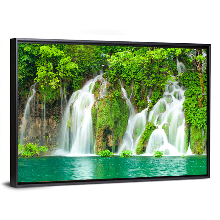 Plitvice Lakes Cascades Wall Art as a framed canvas