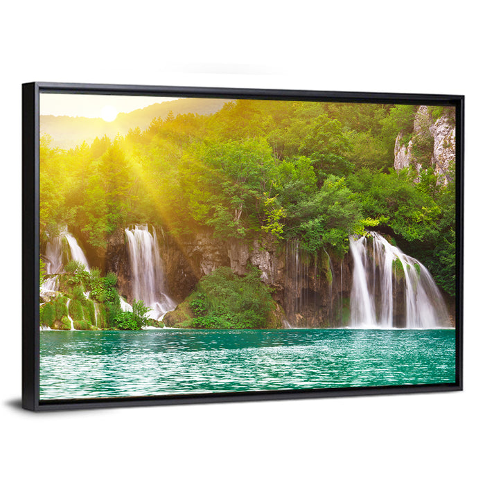 Plitvice Cascades at Sunrise Wall Art as a framed canvas