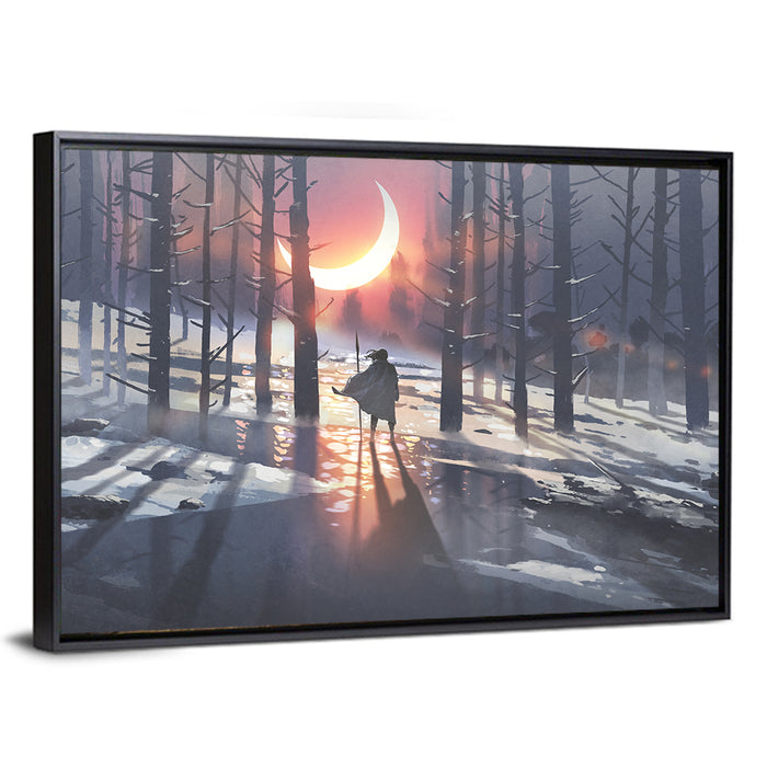Lone Traveler in Winter Forest Wall Art as a framed canvas