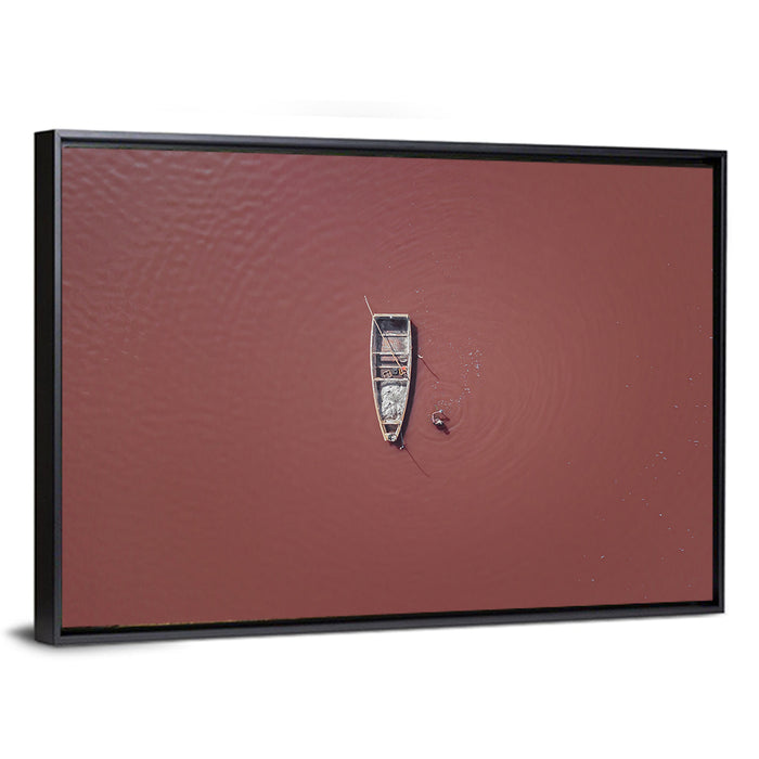 Lake Retba Aerial with Boat Wall Art as a framed canvas