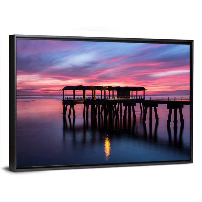 Jekyll Island Dusk Pier Wall Art as a framed canvas