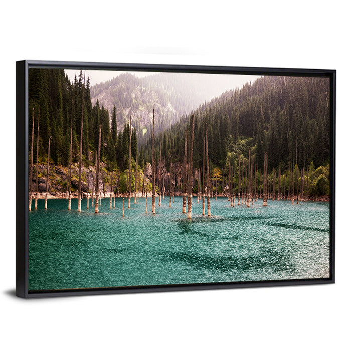 Kaindy Lake Submerged Spruces Wall Art as a framed canvas