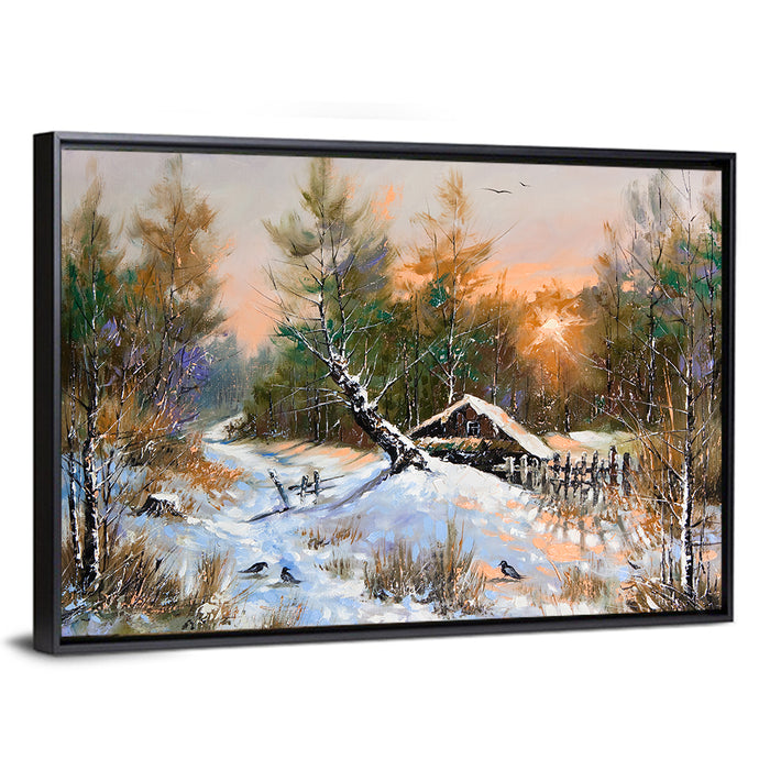 Winter Forest Path with Cabin Wall Art as a framed canvas