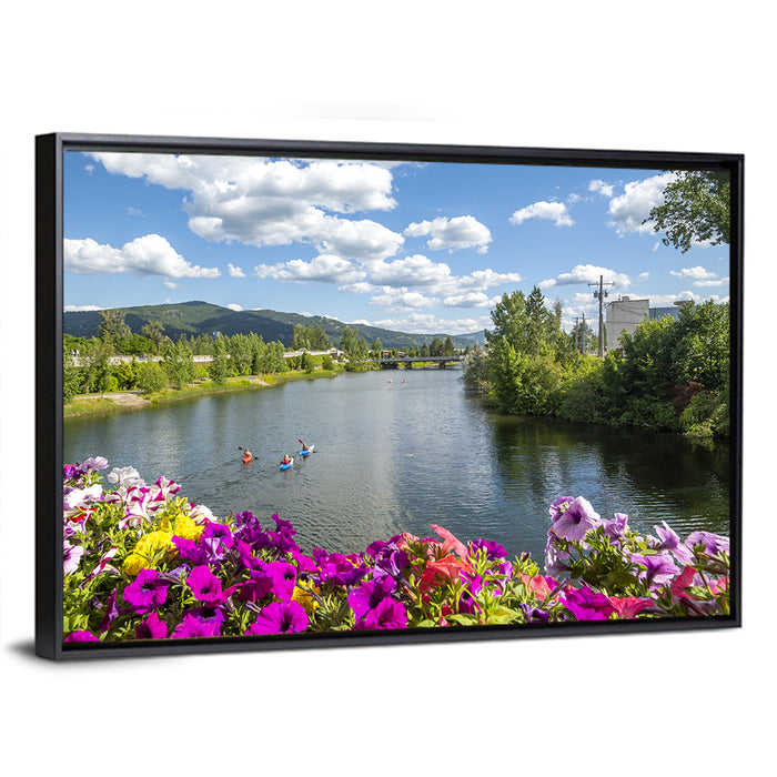 Sand Creek River with Petunias Wall Art as a framed canvas