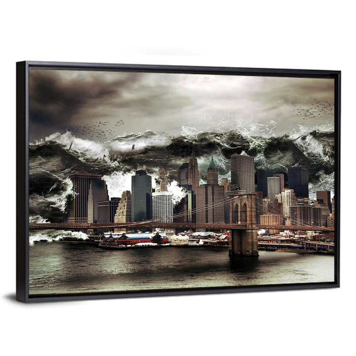 Tsunami Over Manhattan Skyline, Brooklyn Bridge Wall Art as a framed canvas