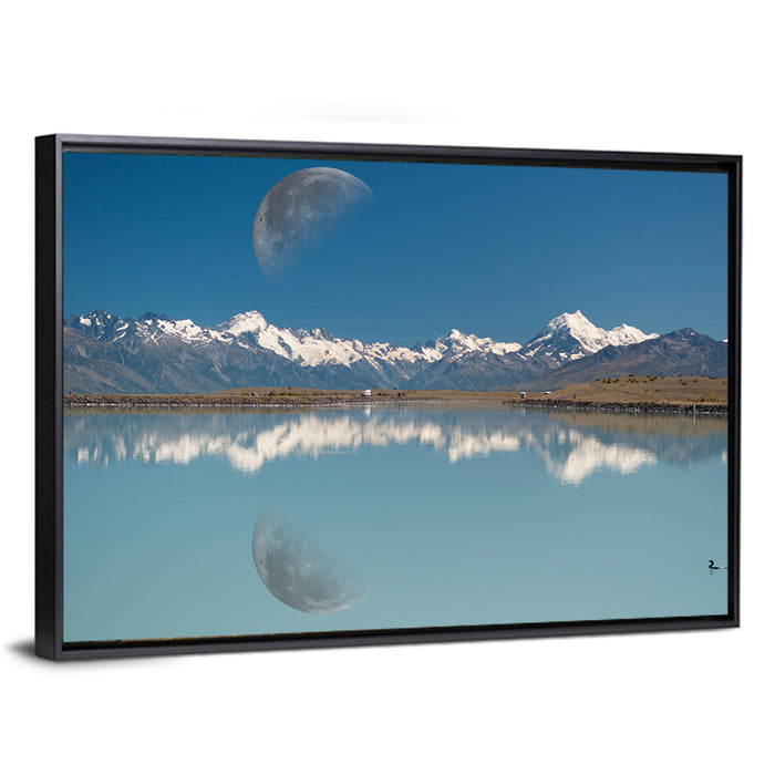 Moon Over Mt Cook and Lake Pukaki Wall Art as a framed canvas