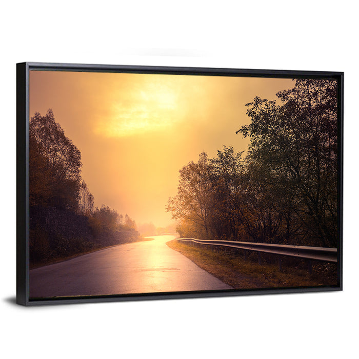Windy Misty Forest Road Wall Art as a framed canvas