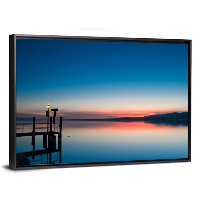 Lake Geneva Sunrise Pier Wall Art as a framed canvas