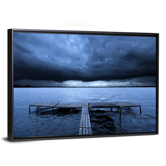 Stormy Lake Pier Wall Art as a framed canvas
