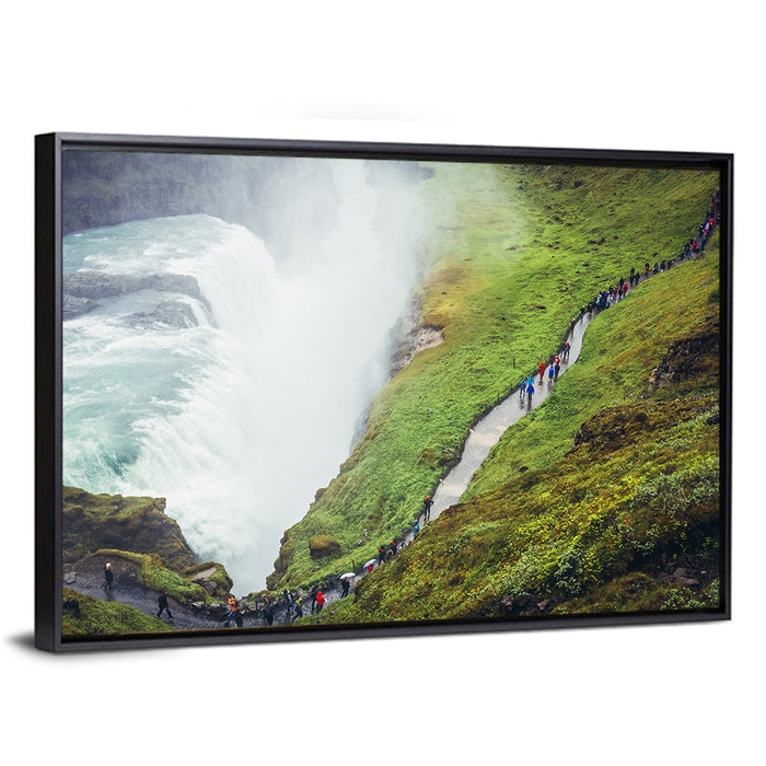 Misty Path at Gullfoss Waterfall Wall Art as a framed canvas
