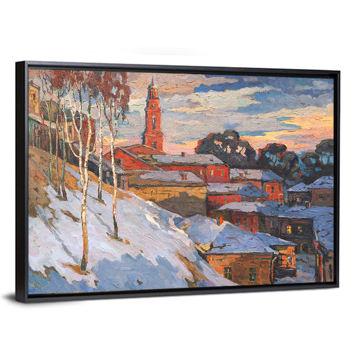 Snowy Village with Church Tower Wall Art as a framed canvas