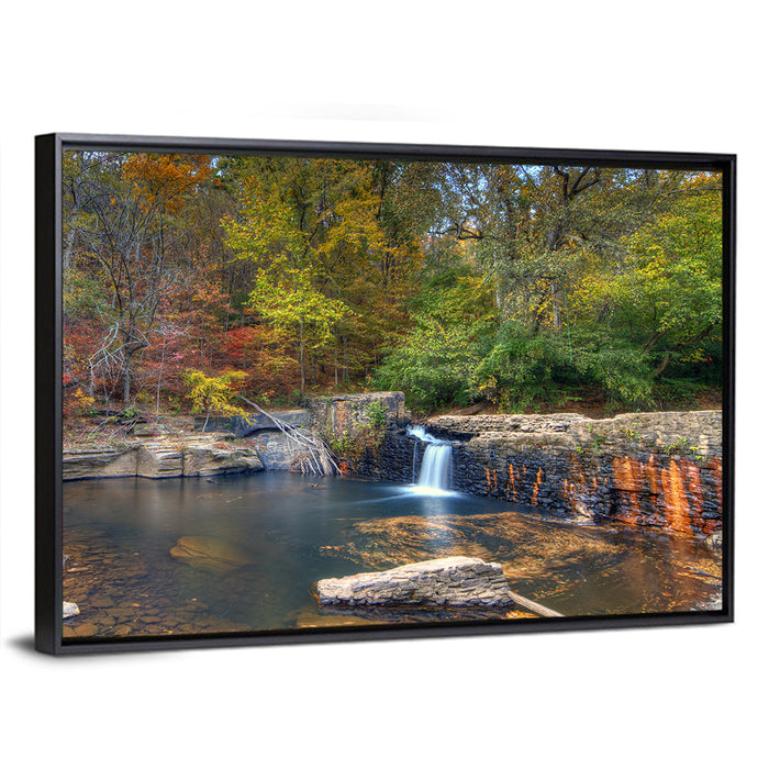 Freeman Mill Stone Dam Pond Wall Art as a framed canvas