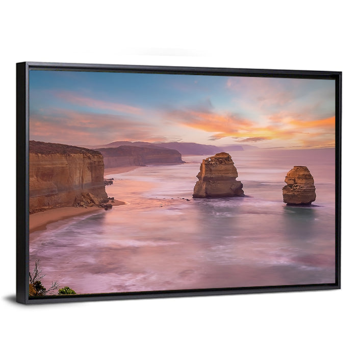 Twelve Apostles Sunset Sea Stacks Wall Art as a framed canvas