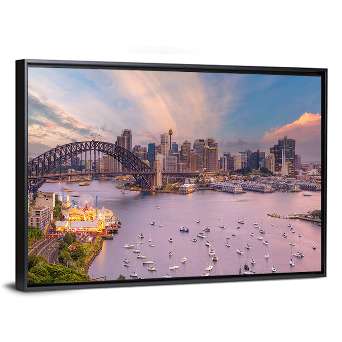 Sydney Harbour Bridge at Golden Twilight Wall Art as a framed canvas